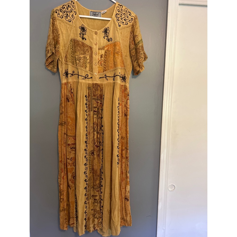 Select Vintage 90s Boho Rayon Maxi Dress Mustard Yellow Embroidered Patchwork L